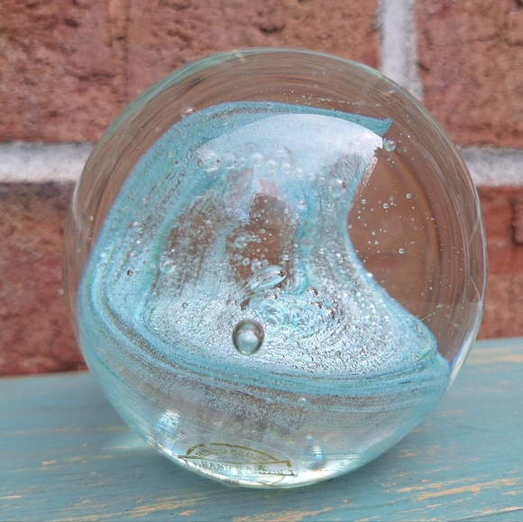 Bubble Glass Paper Weight Hand Made Blown Magic Teal Aqua Green Tinted Pearl - Picture 15 of 16